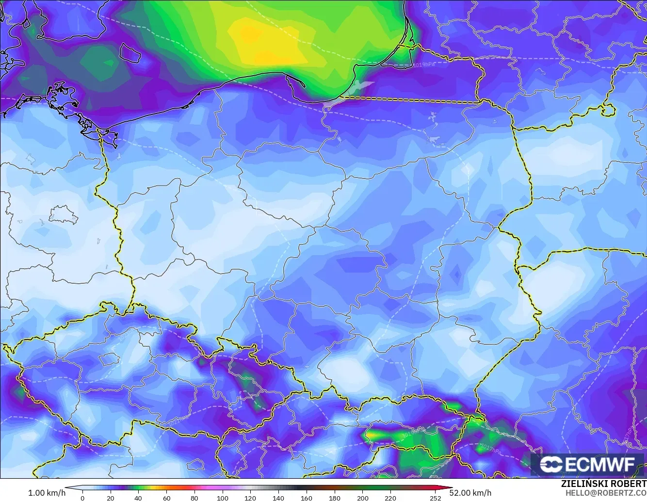 ECMWF IFS 0.25° modelo - Polonia, Ráfagas de viento