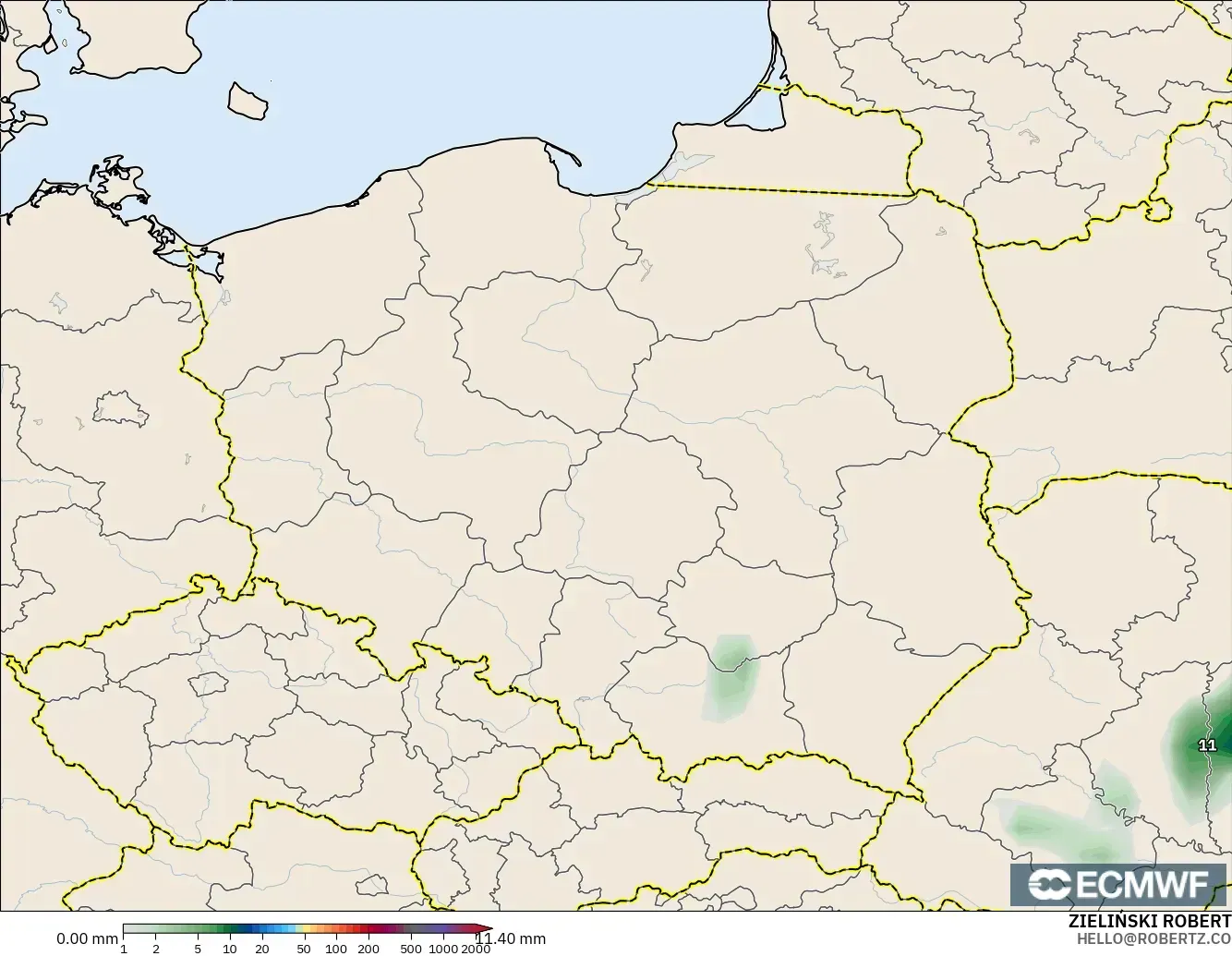ECMWF IFS 0.25° modelo - Polonia, Acumulación de precipitación