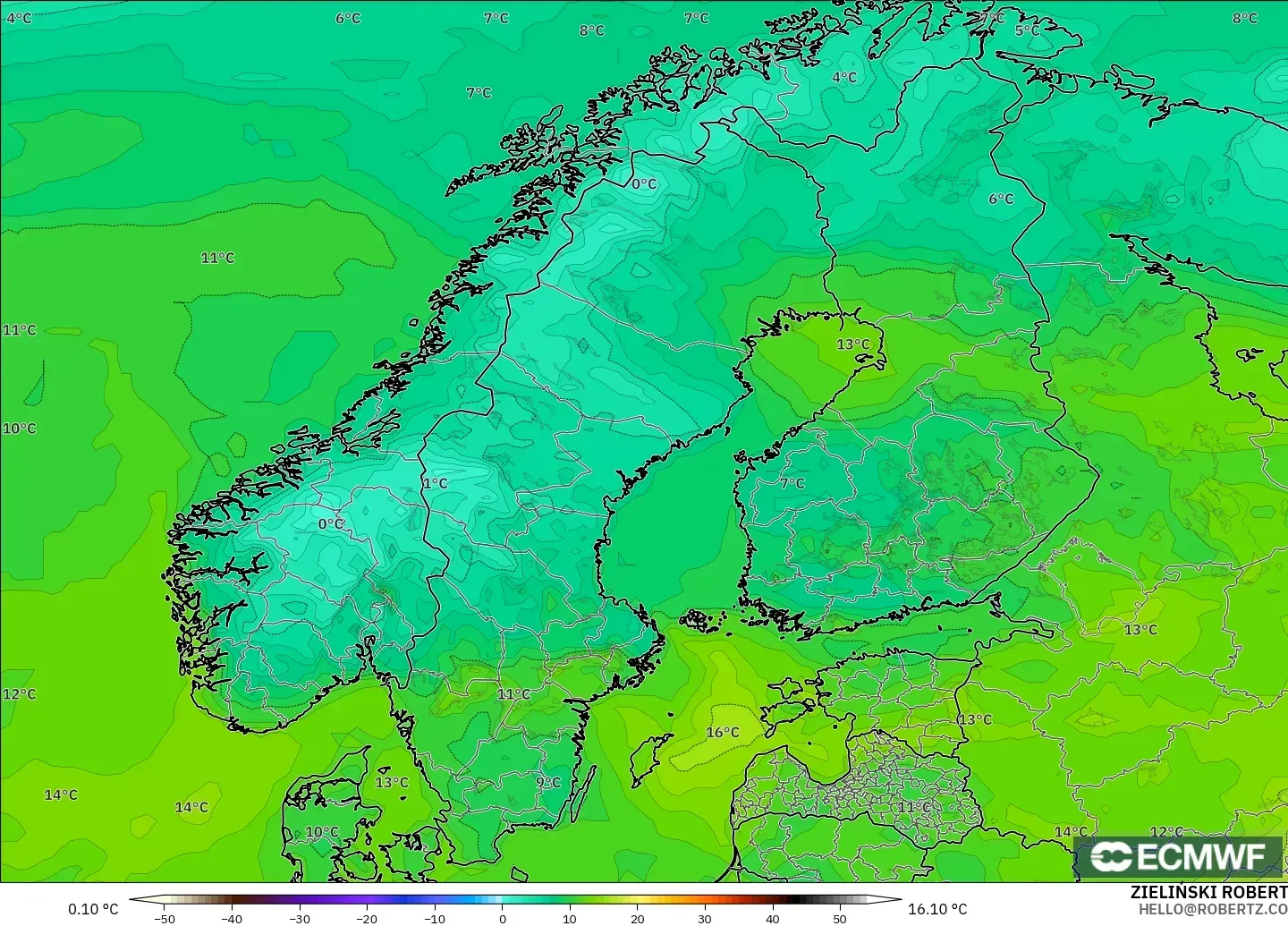 ECMWF IFS 0.25° modelo - Escandinavia, Punto de rocío a 2 m