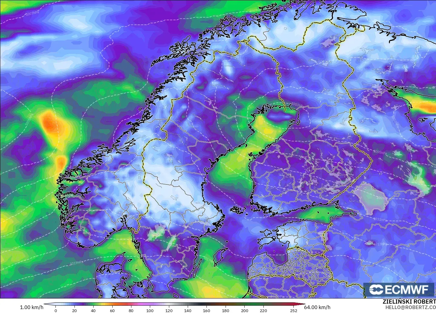 ECMWF IFS 0.25° modelo - Escandinavia, Ráfagas de Viento Máximas