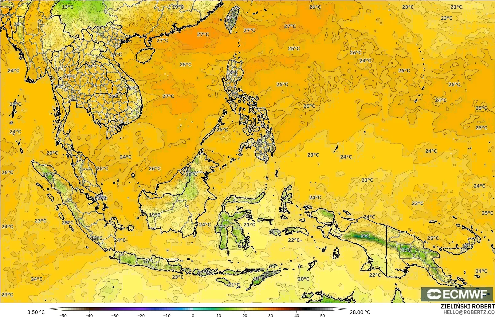 ECMWF IFS 0.25° modelo - Sudeste Asiático, Punto de rocío a 2 m
