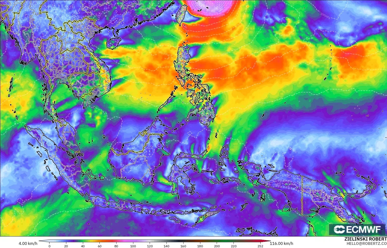 ECMWF IFS 0.25° modelo - Sudeste Asiático, Ráfagas de Viento Máximas