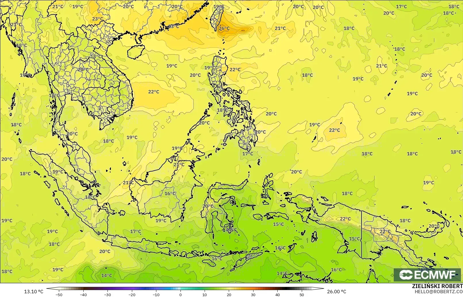 ECMWF IFS 0.25° modelo - Sudeste Asiático, Temperatura a 850 hPa