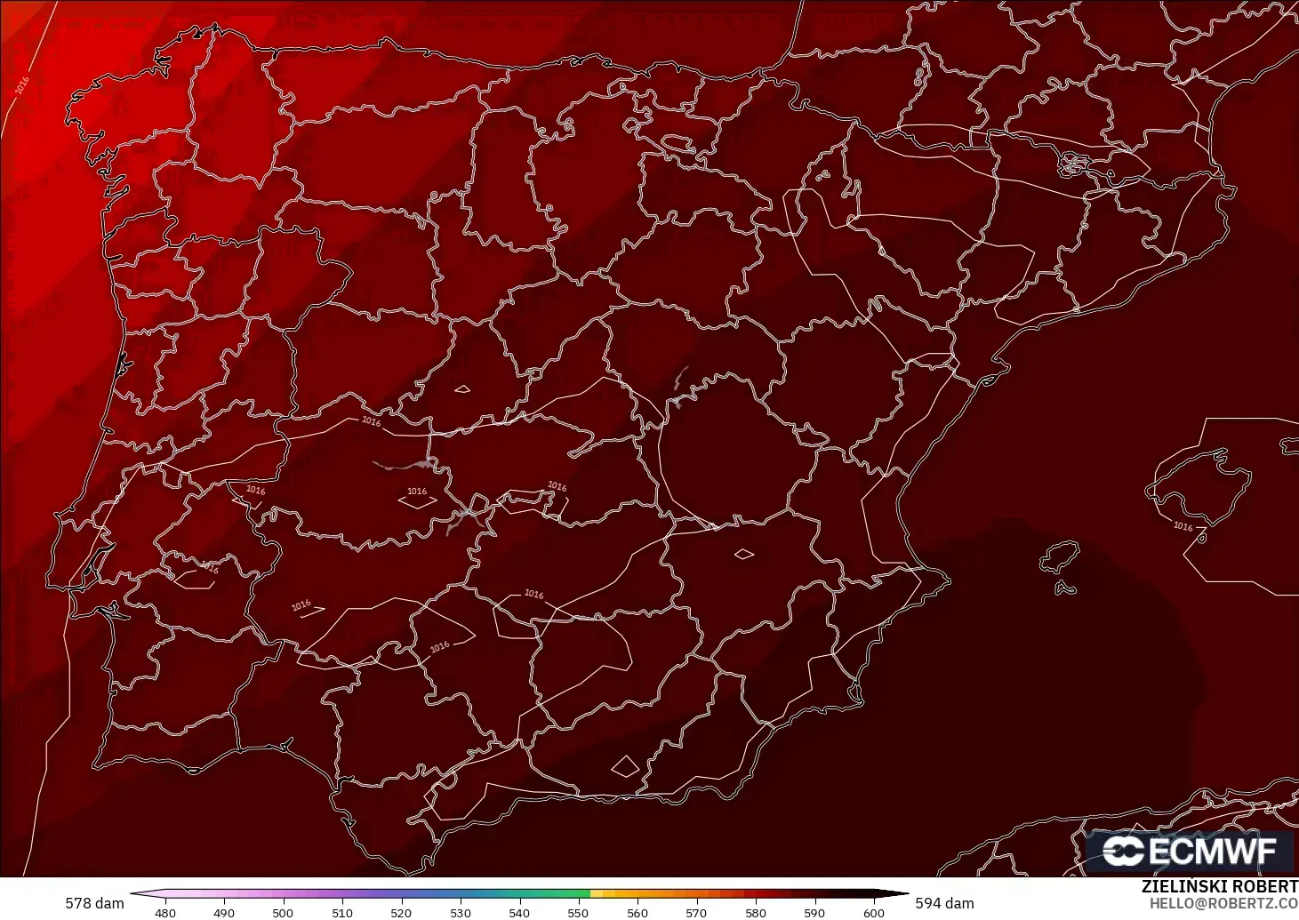 ECMWF IFS 0.25° modelo - España, Altura geopotencial a 500 hPa