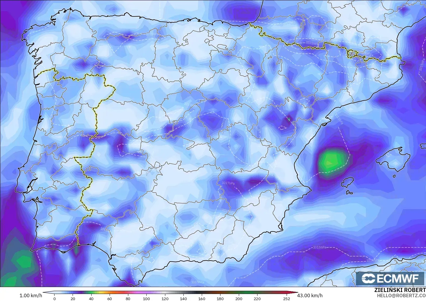 ECMWF IFS 0.25° modelo - España, Ráfagas de Viento Máximas