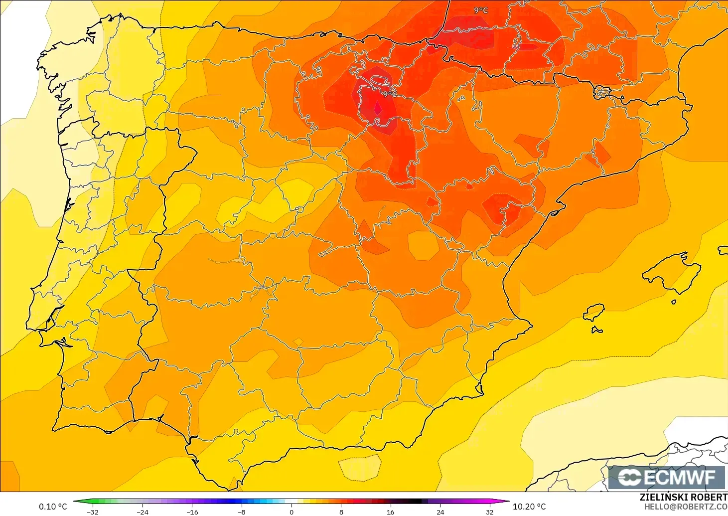 ECMWF IFS 0.25° modelo - España, Anomalía de temperatura a 850 hPa