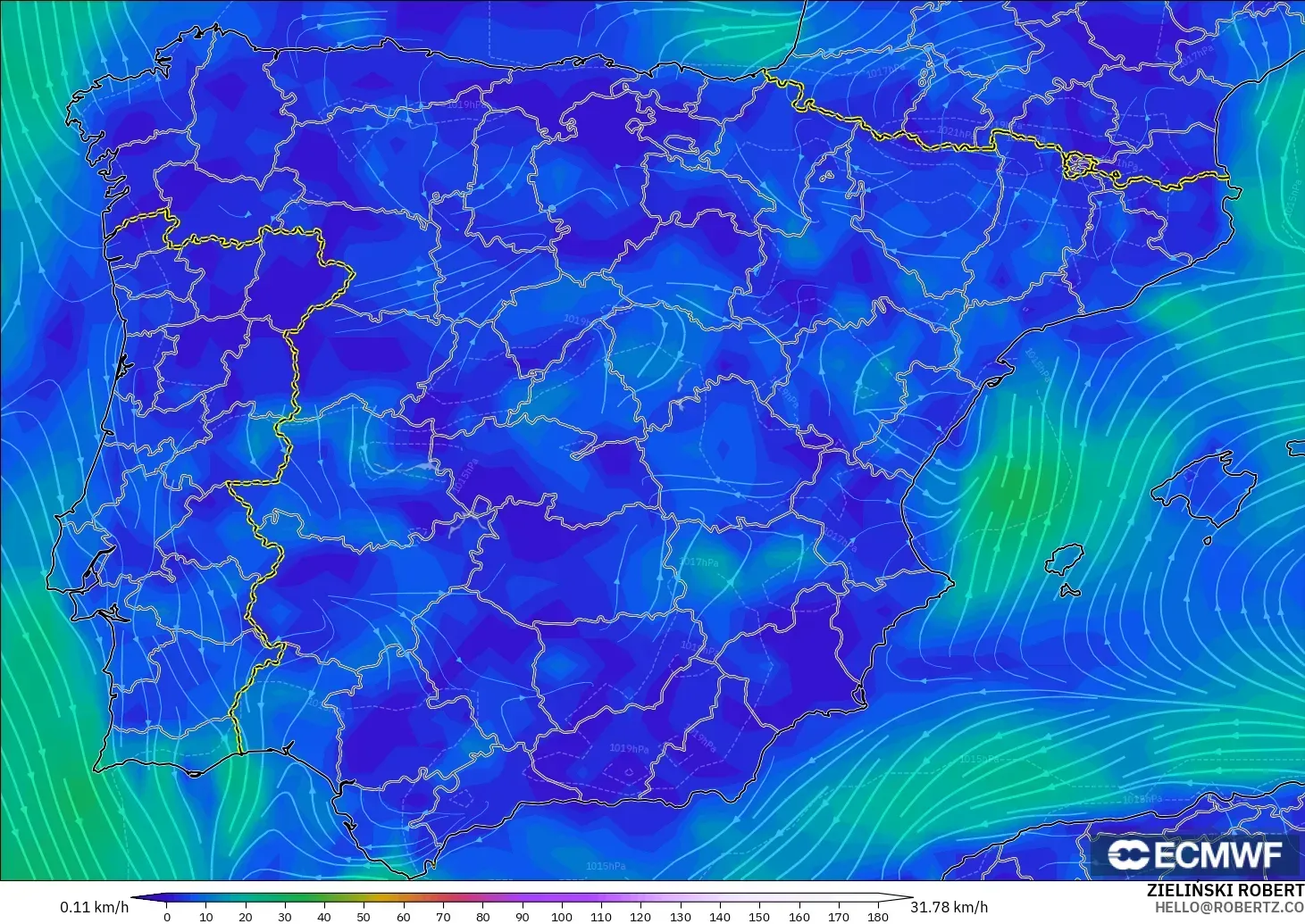 ECMWF IFS 0.25° modelo - España, Viento a 10 m