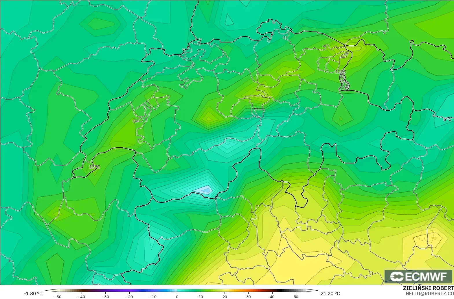 ECMWF IFS 0.25° modelo - Suiza, Punto de rocío a 2 m