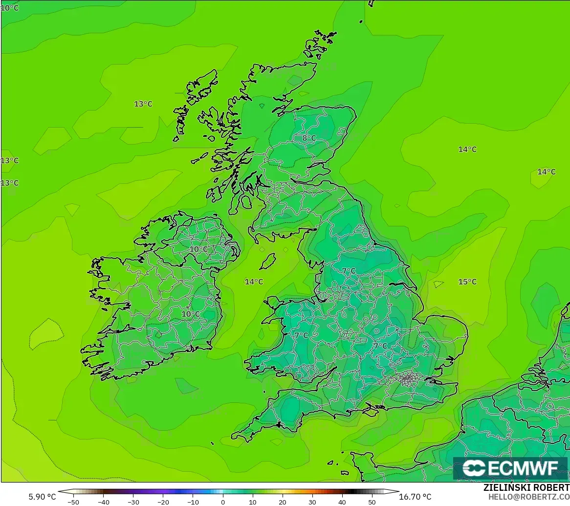 ECMWF IFS 0.25° modelo - Reino Unido, Punto de rocío a 2 m