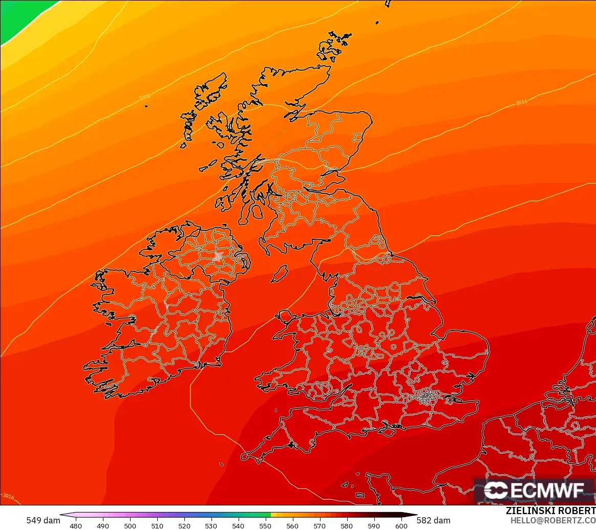 ECMWF IFS 0.25° modelo - Reino Unido, Altura geopotencial a 500 hPa