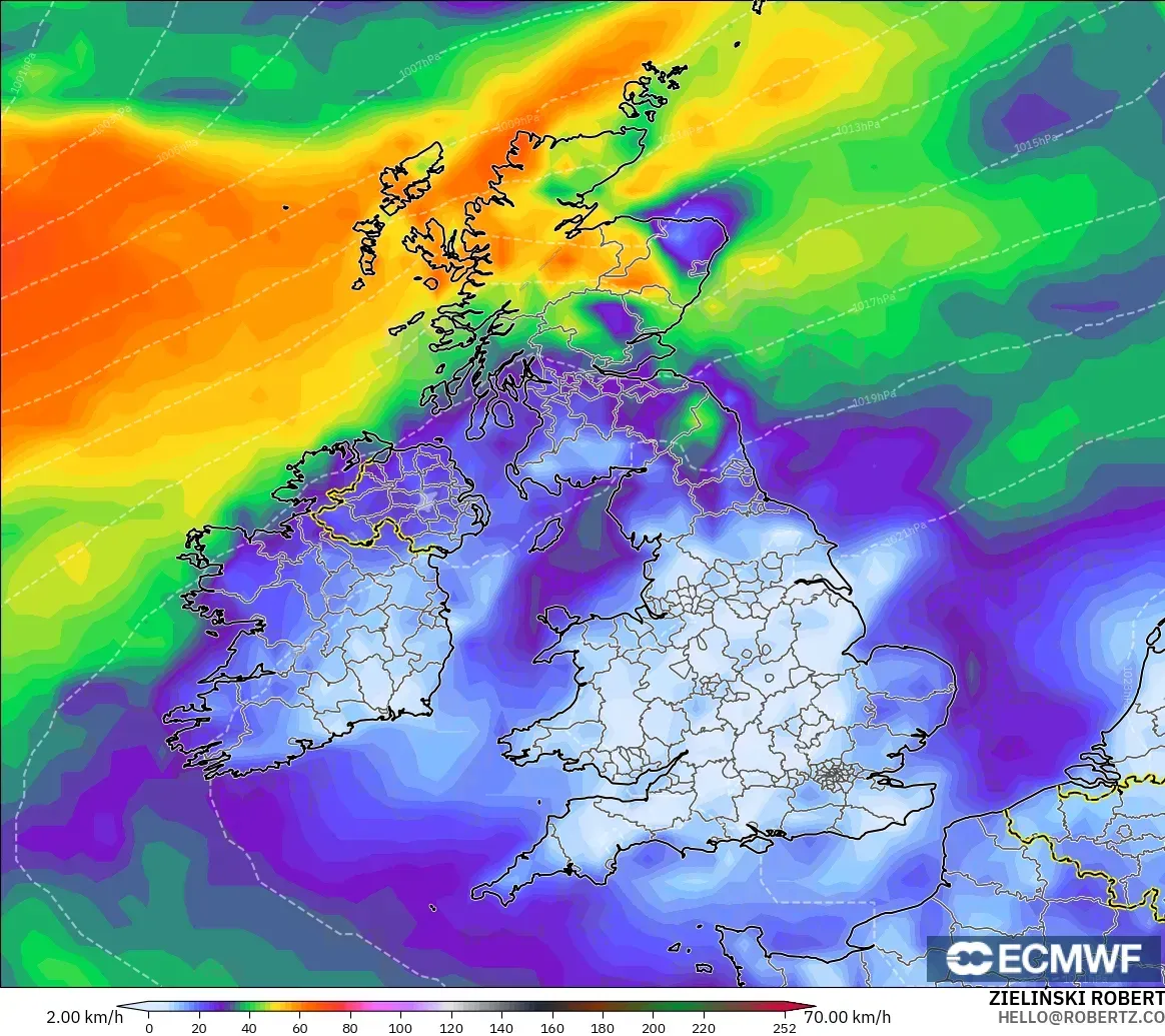 ECMWF IFS 0.25° modelo - Reino Unido, Ráfagas de Viento Máximas