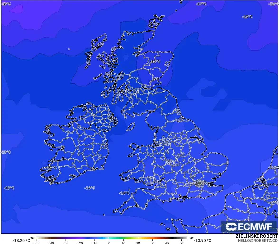 ECMWF IFS 0.25° modelo - Reino Unido, Temperatura a 500 hPa