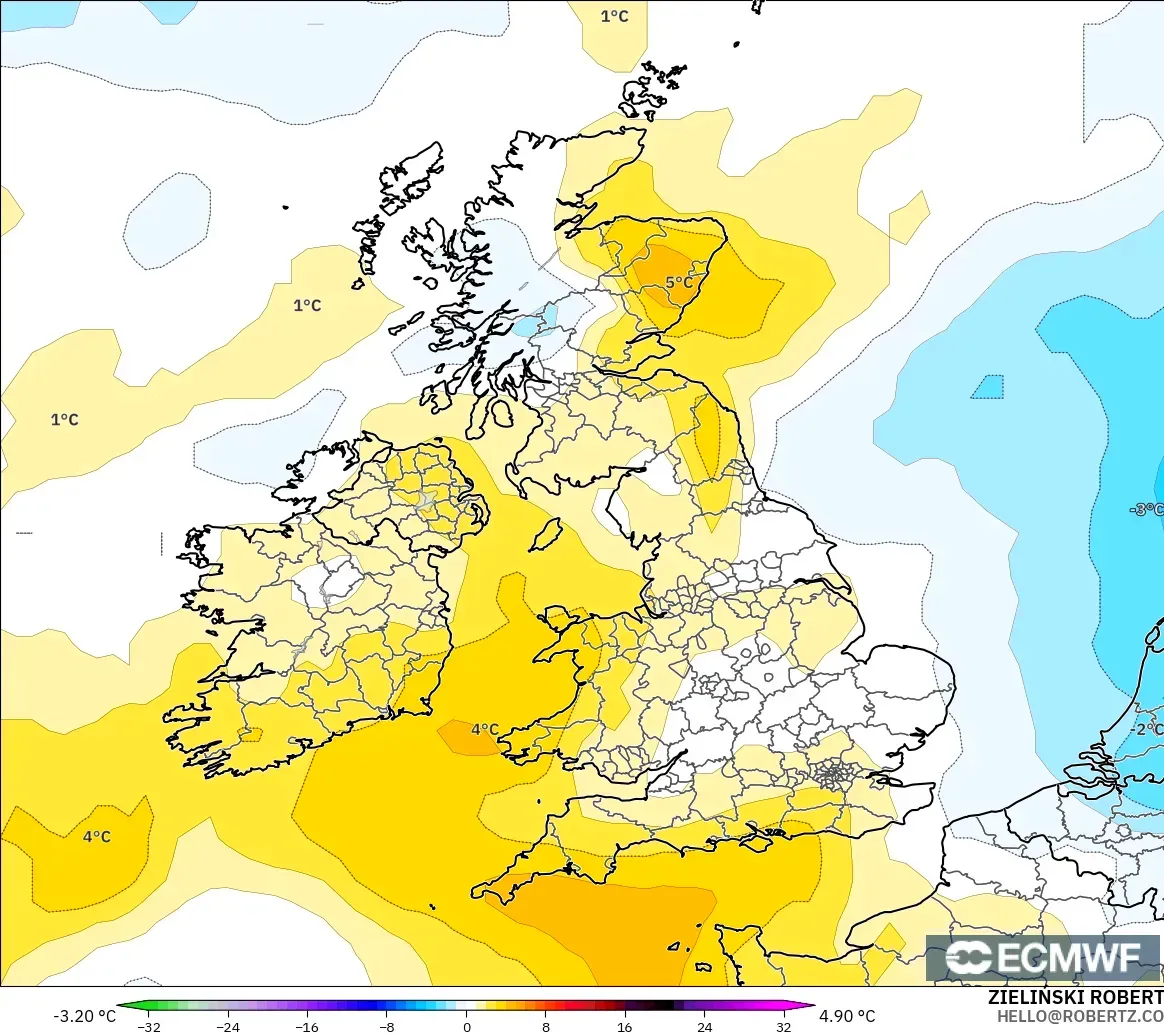 ECMWF IFS 0.25° modelo - Reino Unido, Anomalía de temperatura a 850 hPa