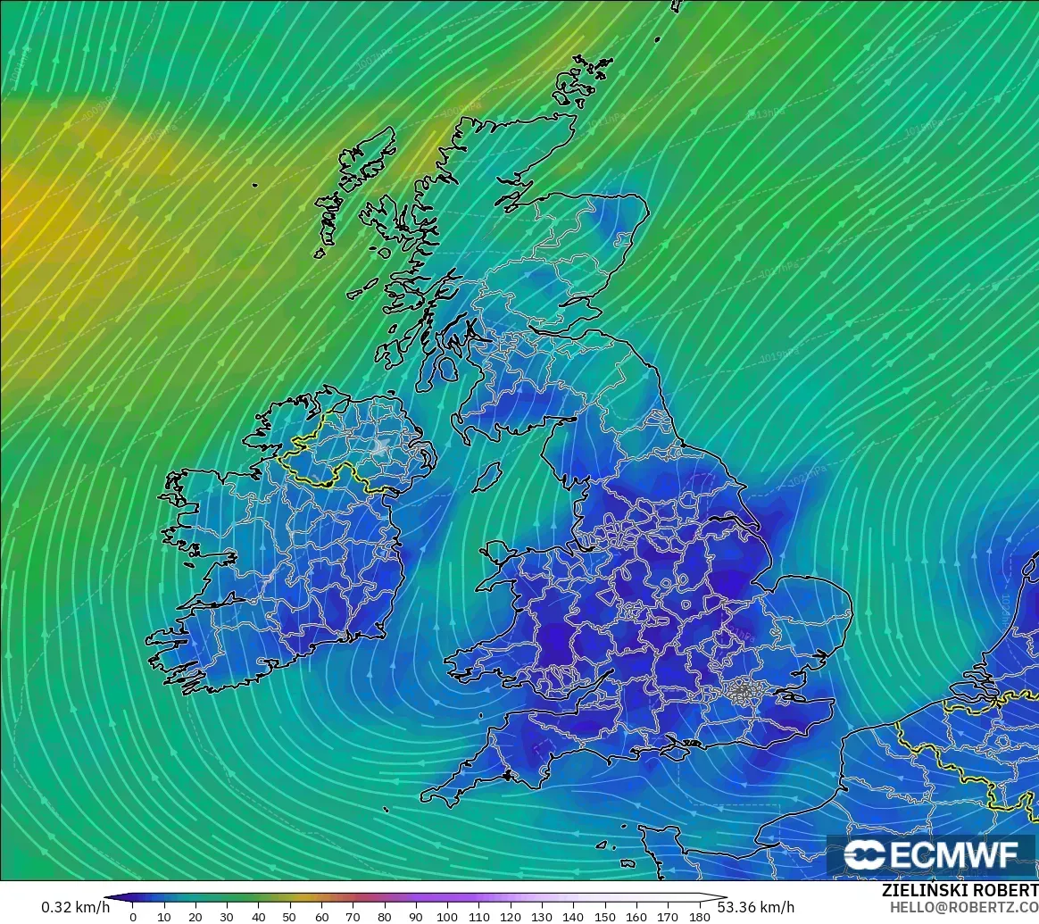 ECMWF IFS 0.25° modelo - Reino Unido, Viento a 10 m