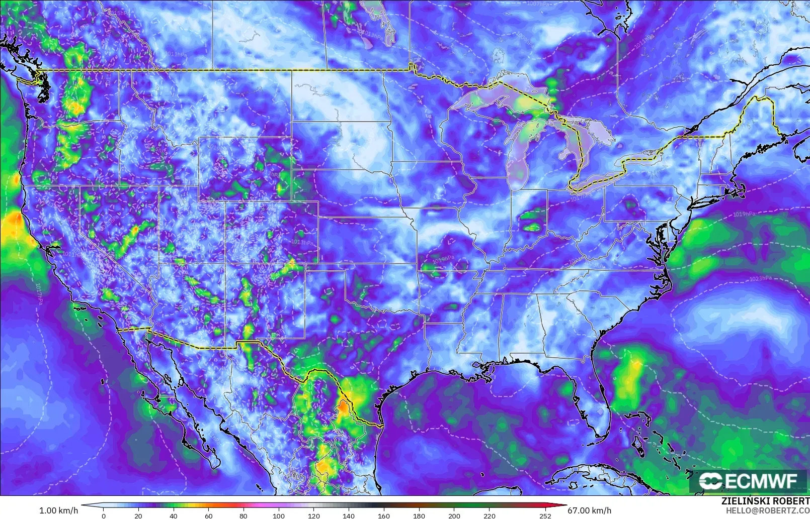 ECMWF IFS 0.25° modelo - Estados Unidos, Ráfagas de viento