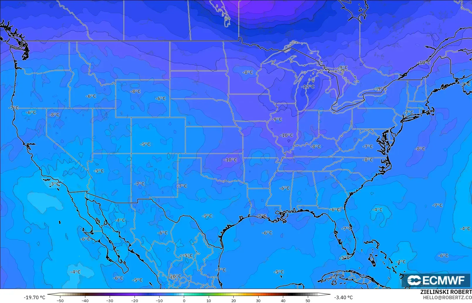 ECMWF IFS 0.25° modelo - Estados Unidos, Temperatura a 500 hPa