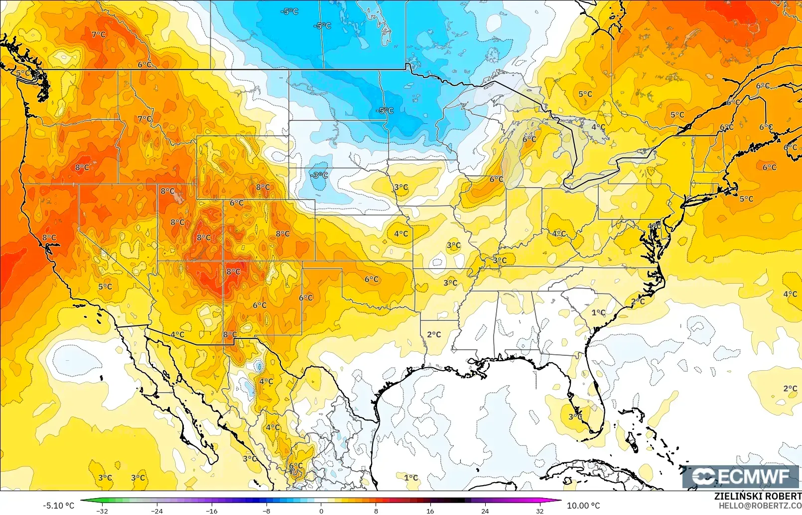 ECMWF IFS 0.25° modelo - Estados Unidos, Anomalía de temperatura a 850 hPa