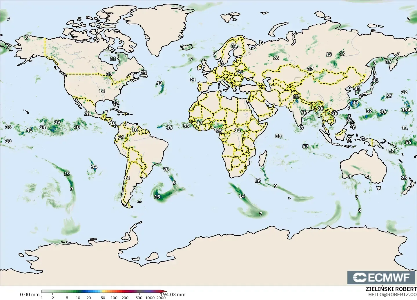 ECMWF IFS 0.25° modelo - Mundo, Acumulación de precipitación