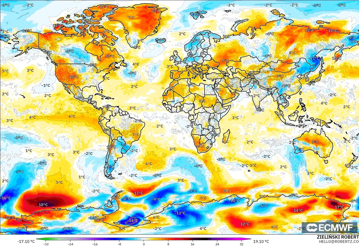 ECMWF IFS 0.25° modelo - Mundo, Anomalía de temperatura a 2 m