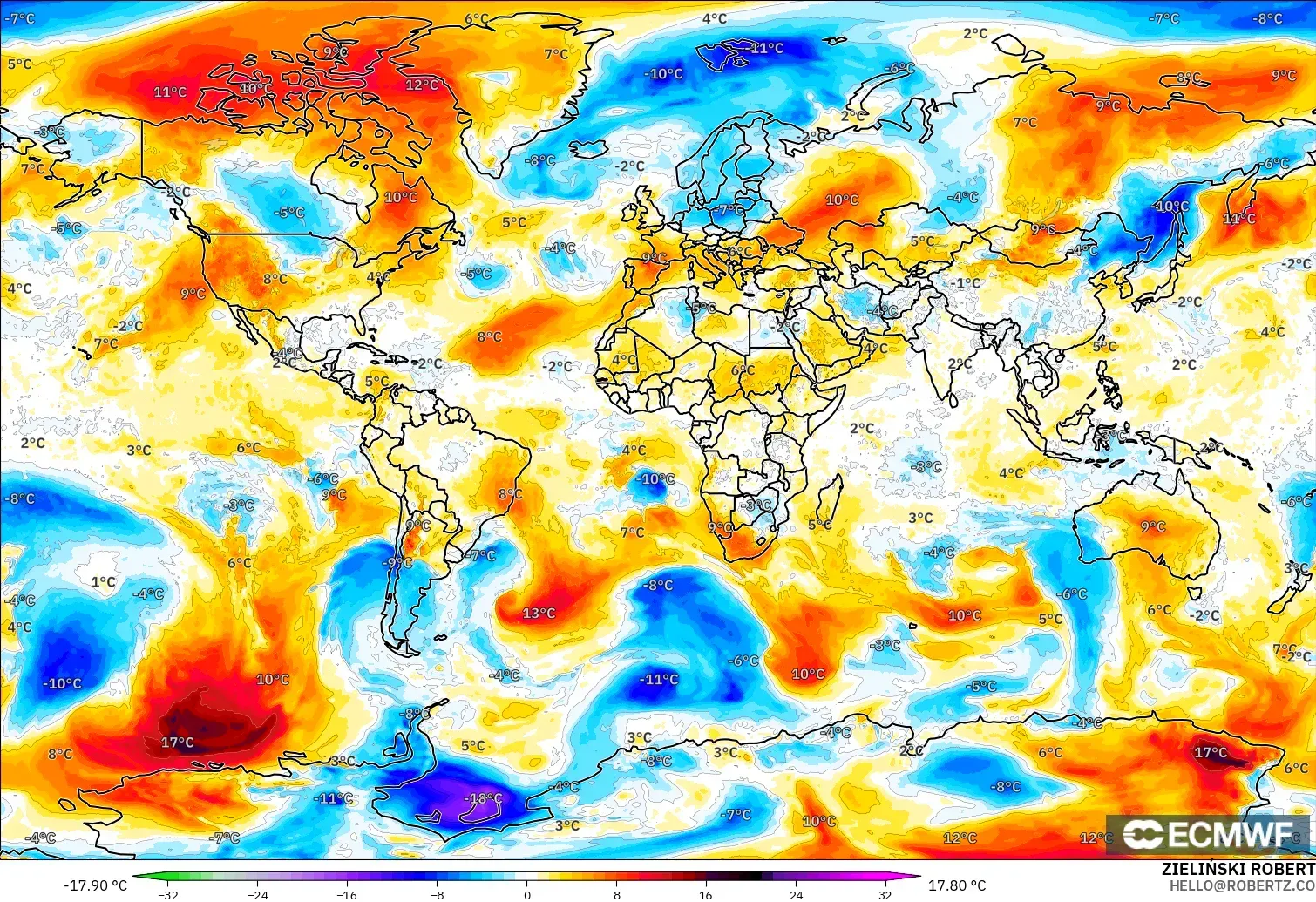 ECMWF IFS 0.25° modelo - Mundo, Anomalía de temperatura a 850 hPa