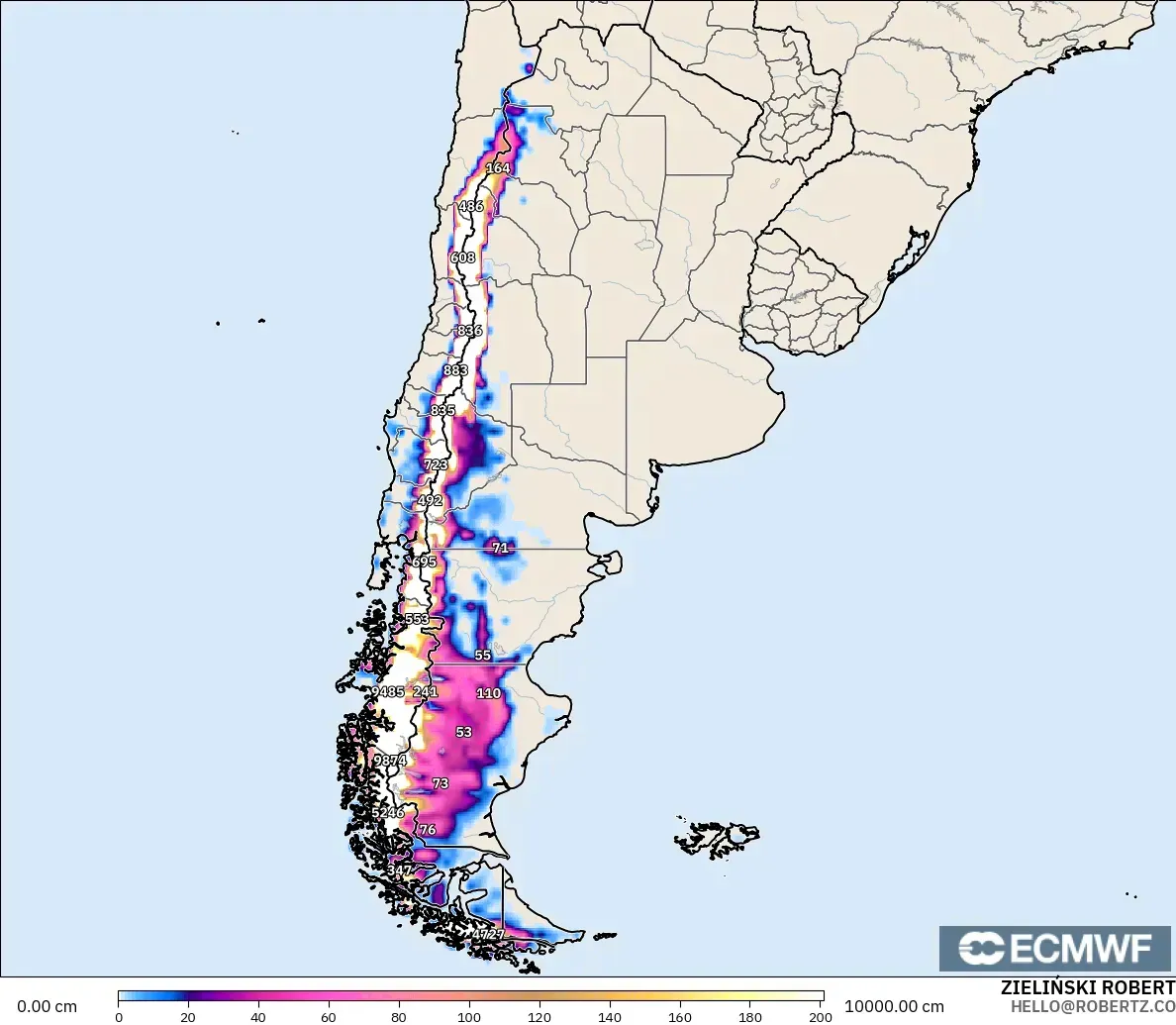 ECMWF IFS 0.25° modelo - Argentina, Profundidad de nieve