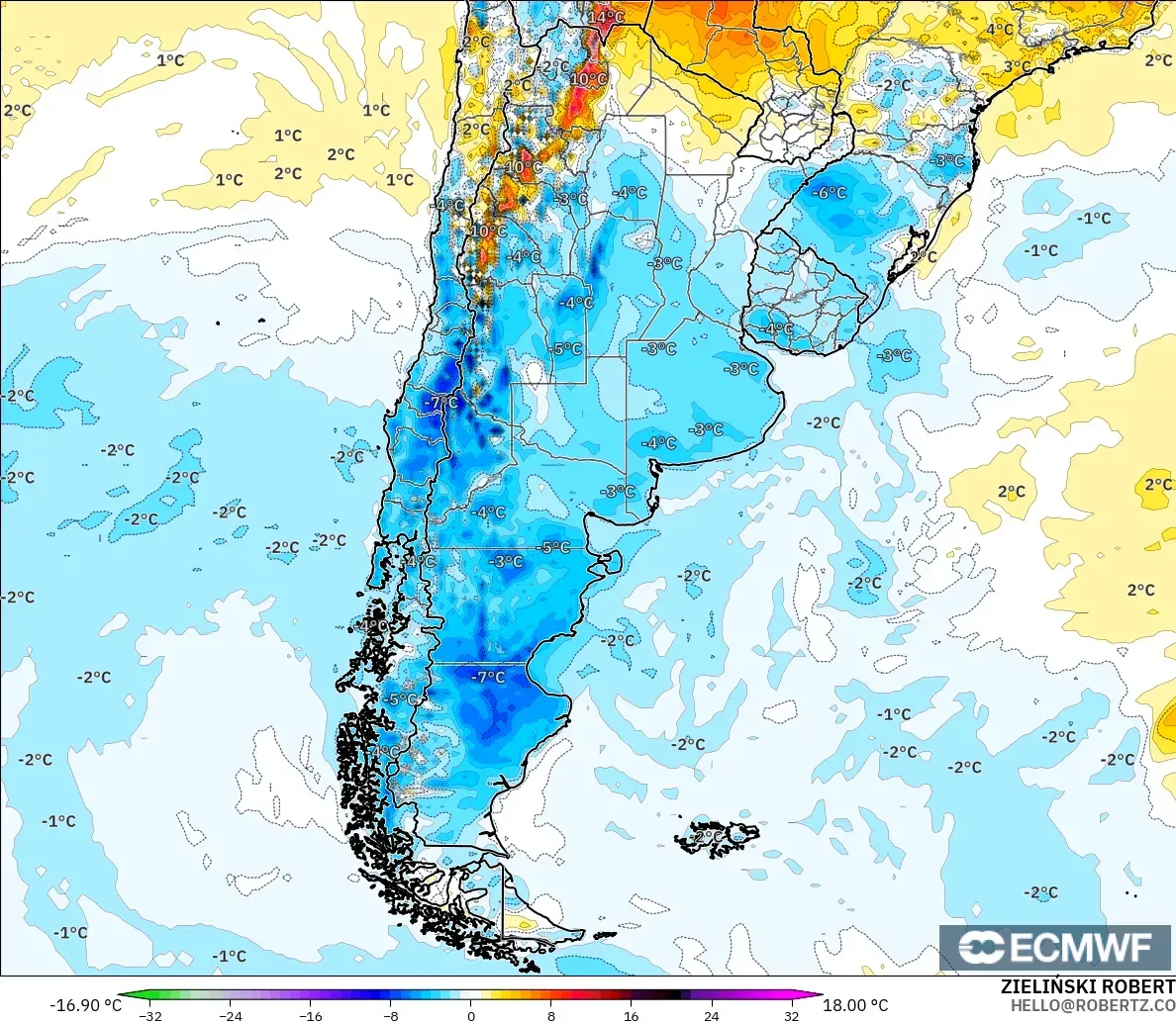 ECMWF IFS 0.25° modelo - Argentina, Anomalía de temperatura a 2 m