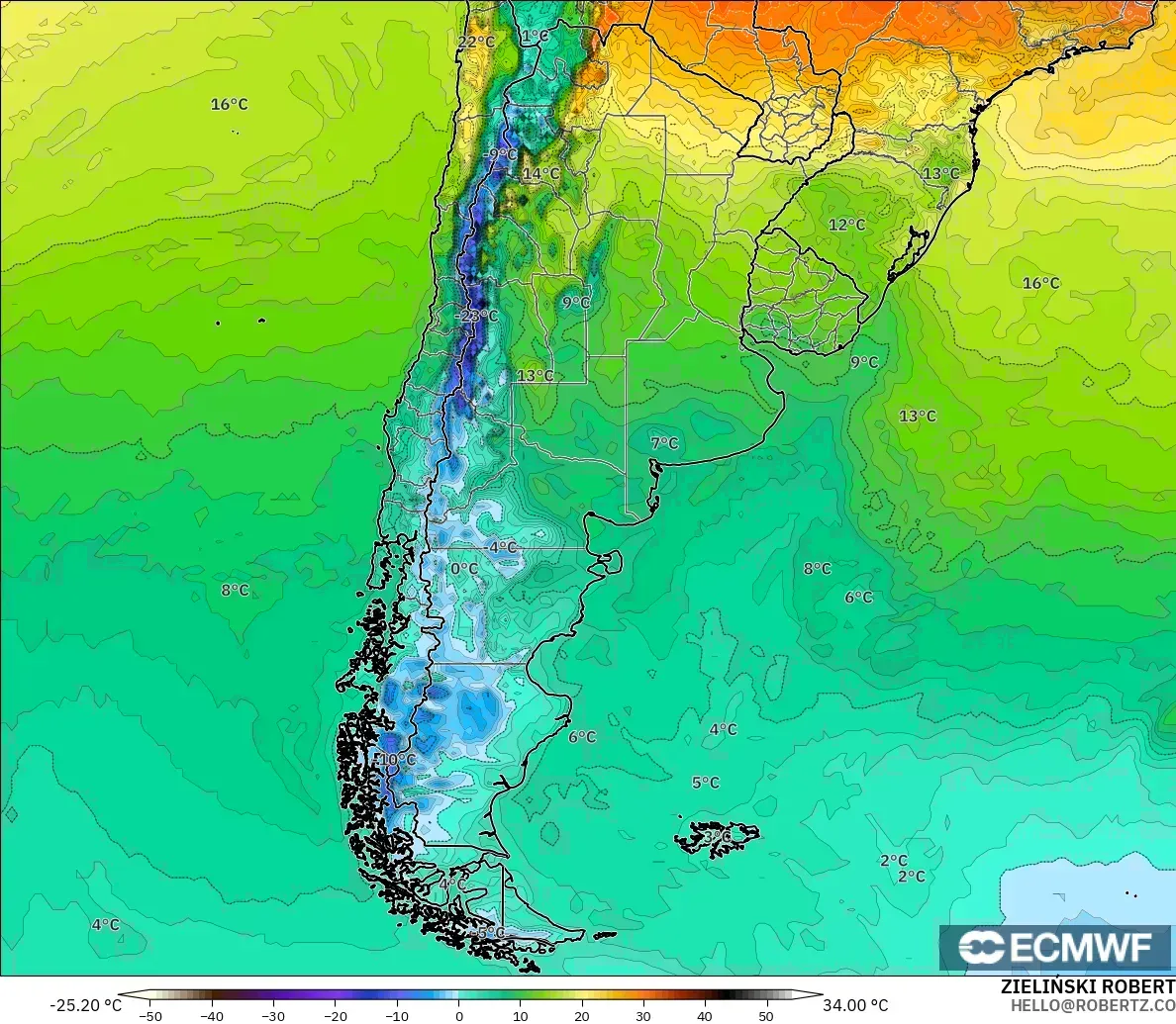 ECMWF IFS 0.25° modelo - Argentina, Temperatura a 2 m
