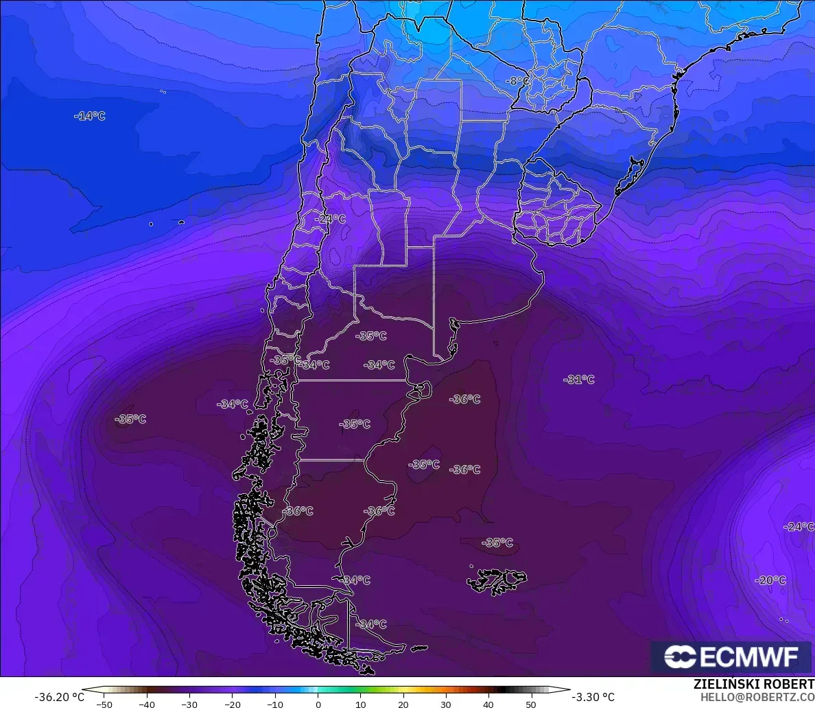ECMWF IFS 0.25° modelo - Argentina, Temperatura a 500 hPa
