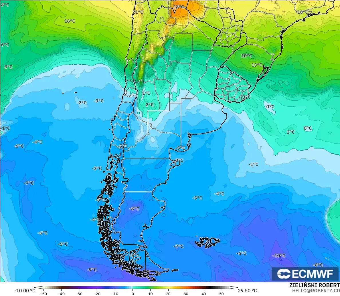 ECMWF IFS 0.25° modelo - Argentina, Temperatura a 850 hPa