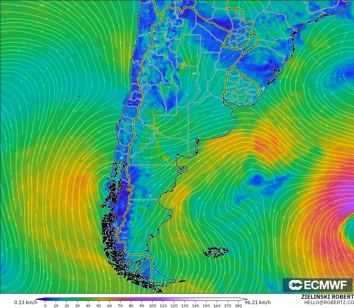 ECMWF IFS 0.25° modelo - Argentina, Viento a 10 m