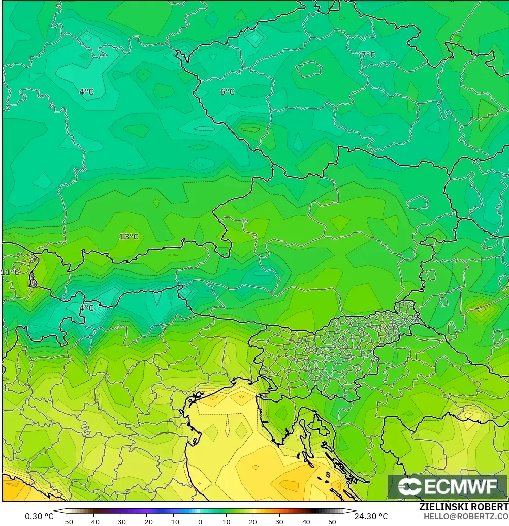 ECMWF IFS 0.25° modelo - Austria, Punto de rocío a 2 m