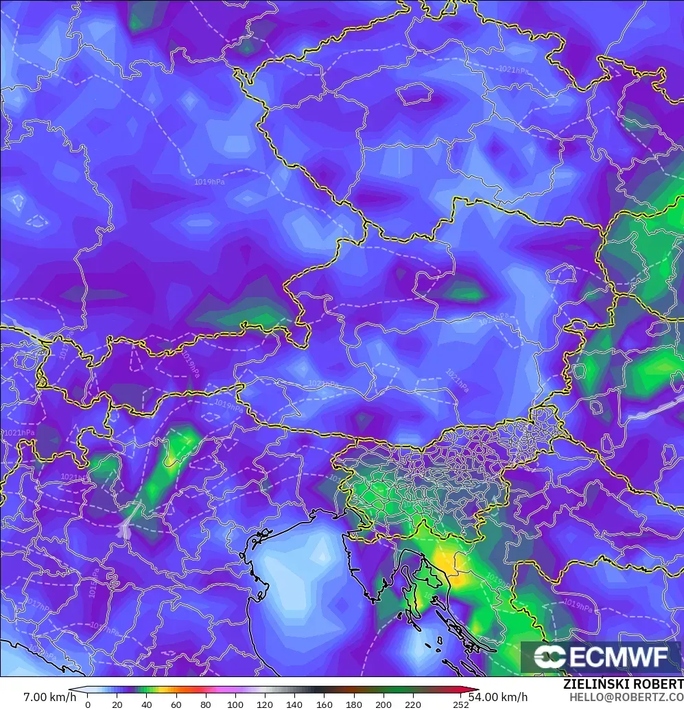 ECMWF IFS 0.25° modelo - Austria, Ráfagas de Viento Máximas