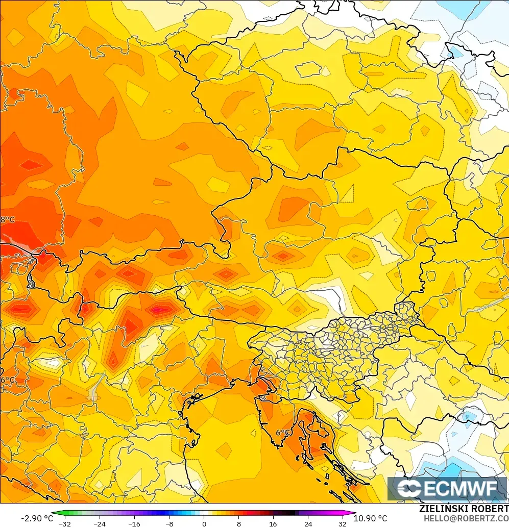 ECMWF IFS 0.25° modelo - Austria, Anomalía de temperatura a 2 m