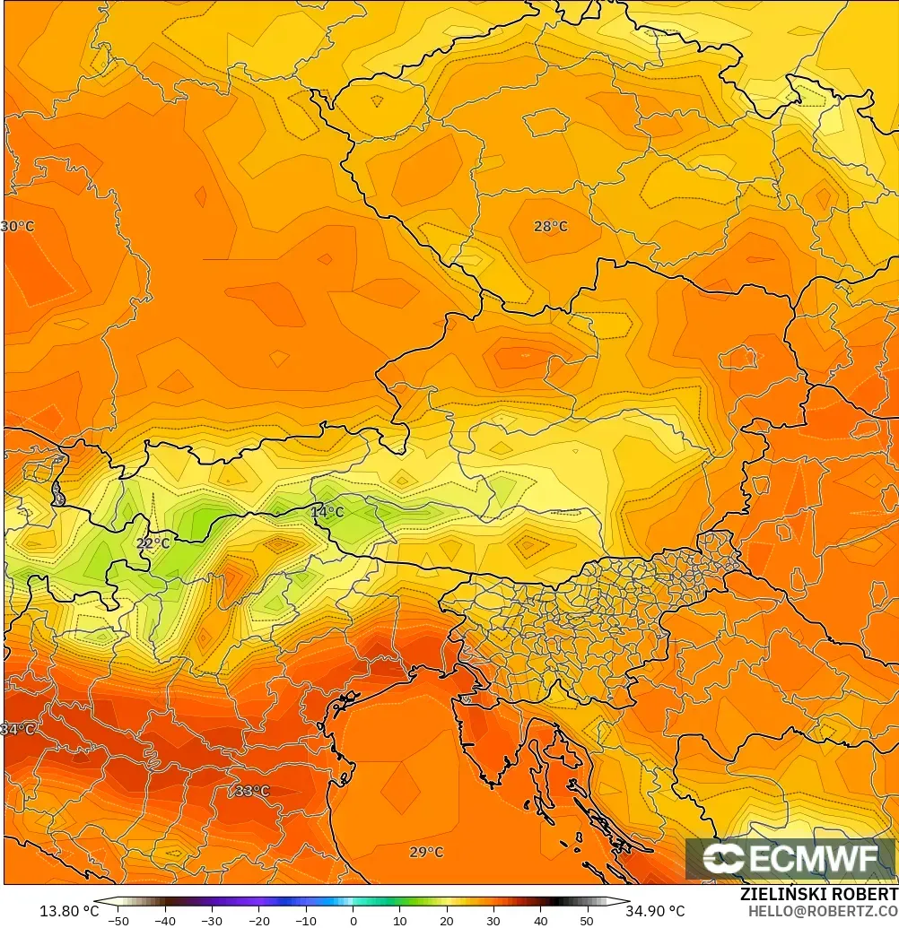 ECMWF IFS 0.25° modelo - Austria, Temperatura a 2 m