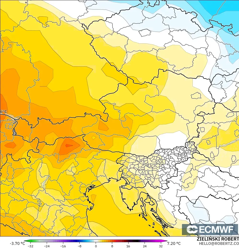 ECMWF IFS 0.25° modelo - Austria, Anomalía de temperatura a 850 hPa