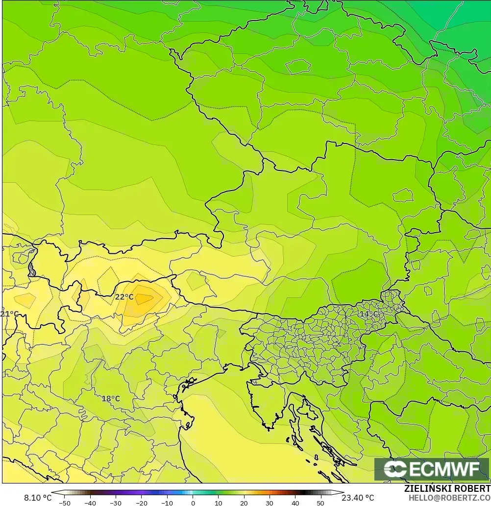 ECMWF IFS 0.25° modelo - Austria, Temperatura a 850 hPa
