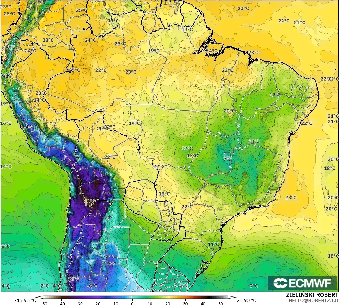 ECMWF IFS 0.25° modelo - Brasil, Punto de rocío a 2 m