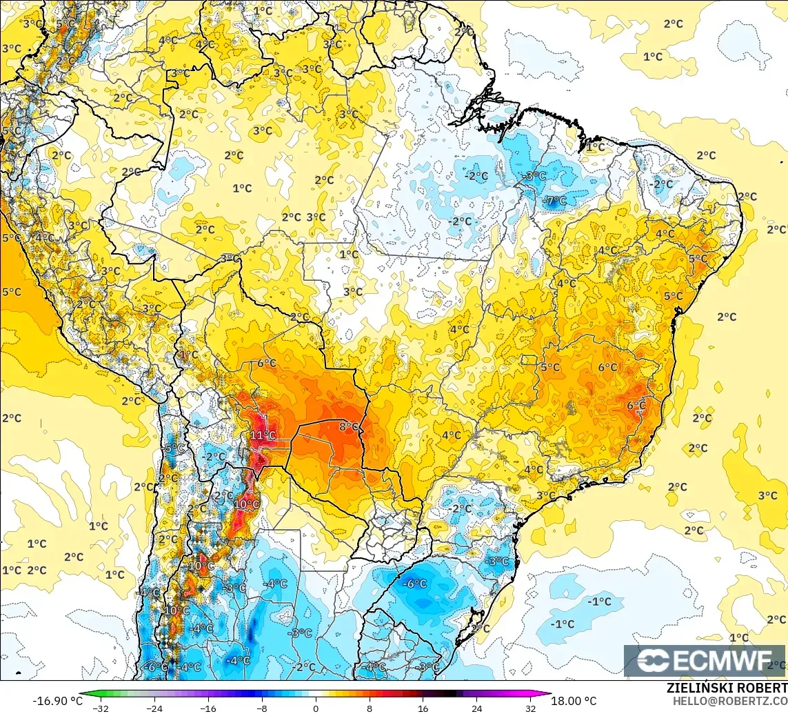 ECMWF IFS 0.25° modelo - Brasil, Anomalía de temperatura a 2 m