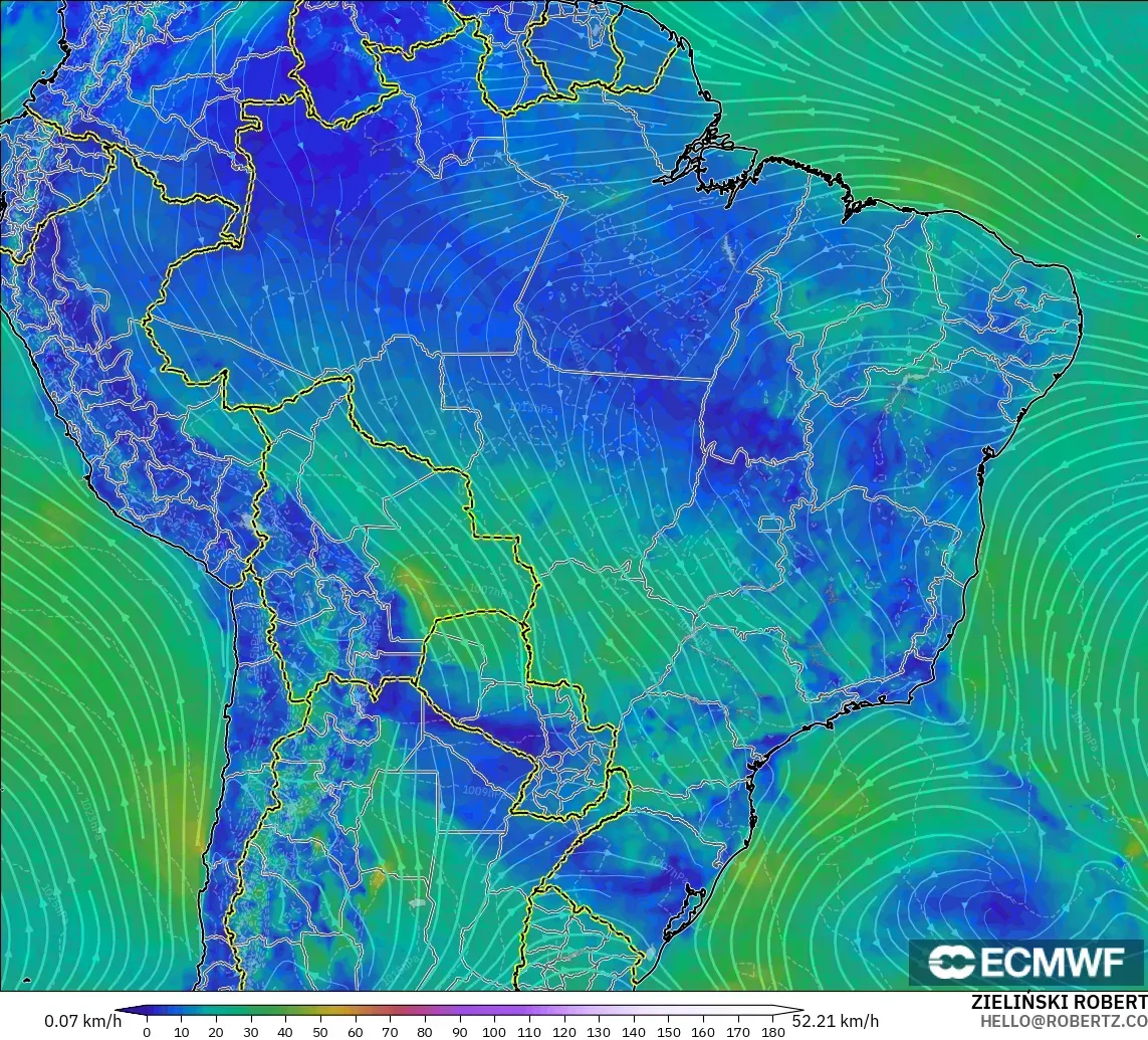 ECMWF IFS 0.25° modelo - Brasil, Viento a 10 m