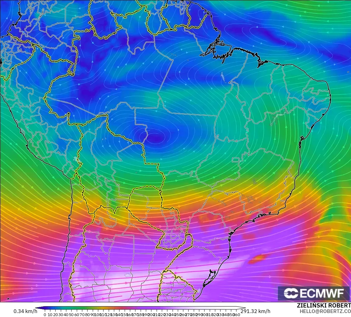 ECMWF IFS 0.25° modelo - Brasil, Viento a 300 hPa (corriente en chorro)