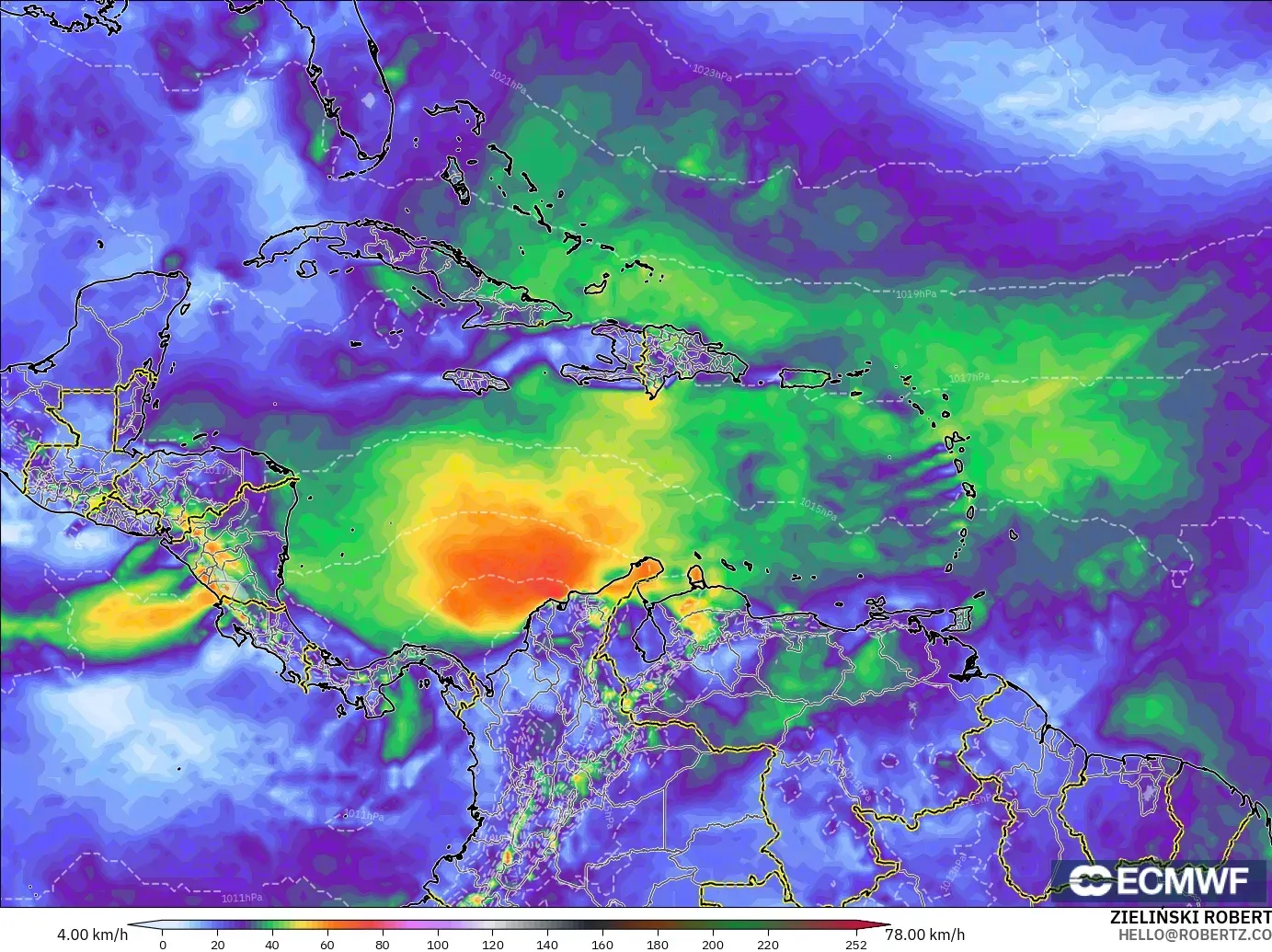ECMWF IFS 0.25° modelo - Caribe, Ráfagas de Viento Máximas