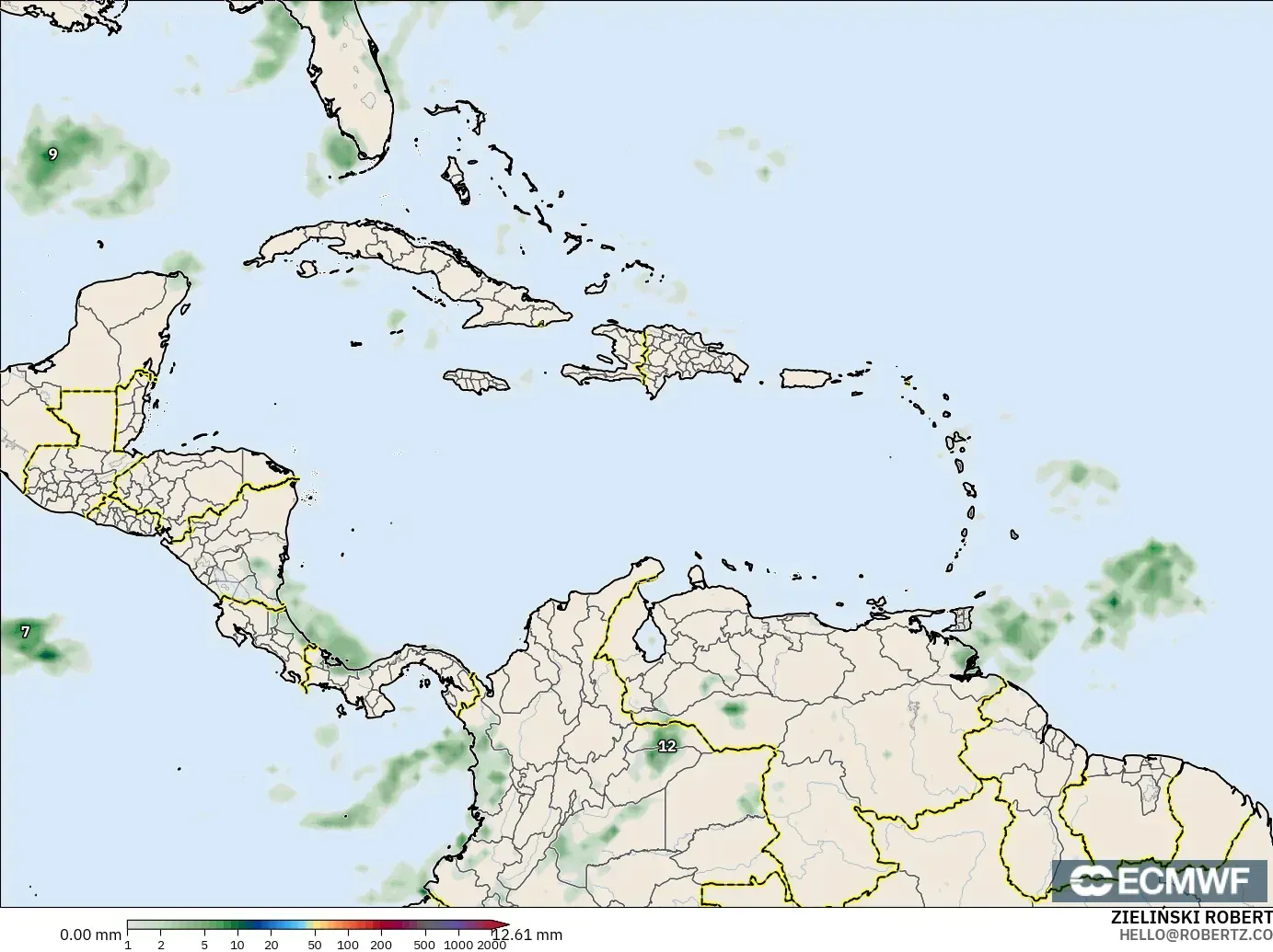 ECMWF IFS 0.25° modelo - Caribe, Acumulación de precipitación