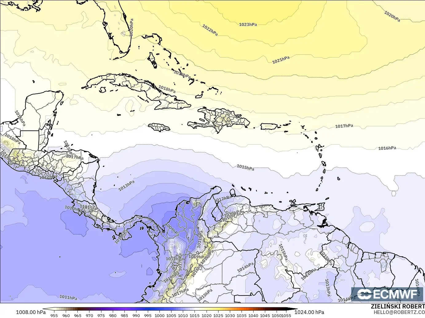 ECMWF IFS 0.25° modelo - Caribe, Presión