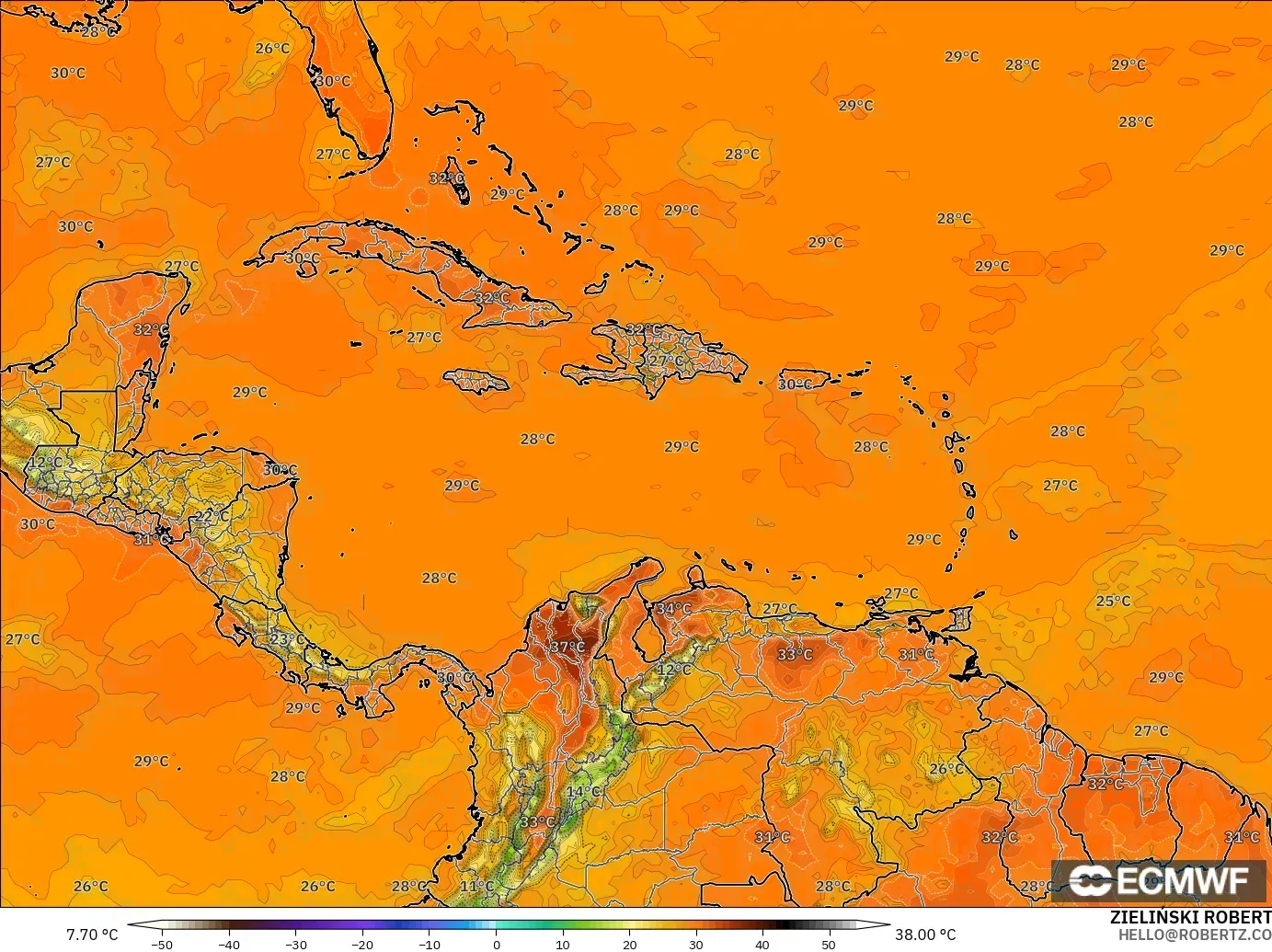 ECMWF IFS 0.25° modelo - Caribe, Temperatura a 2 m