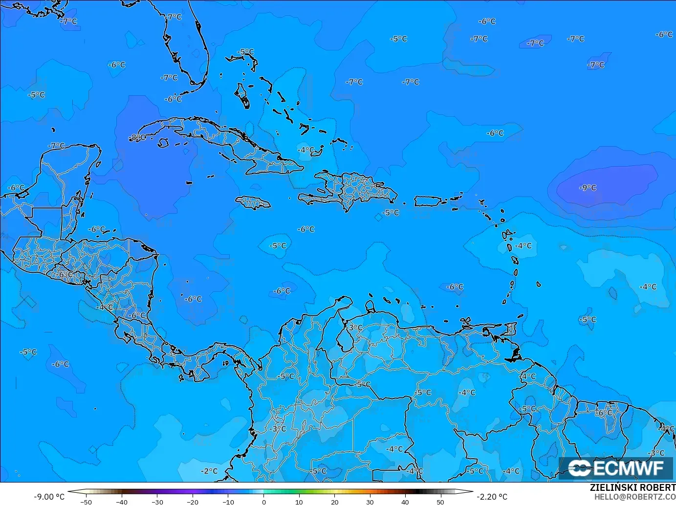 ECMWF IFS 0.25° modelo - Caribe, Temperatura a 500 hPa