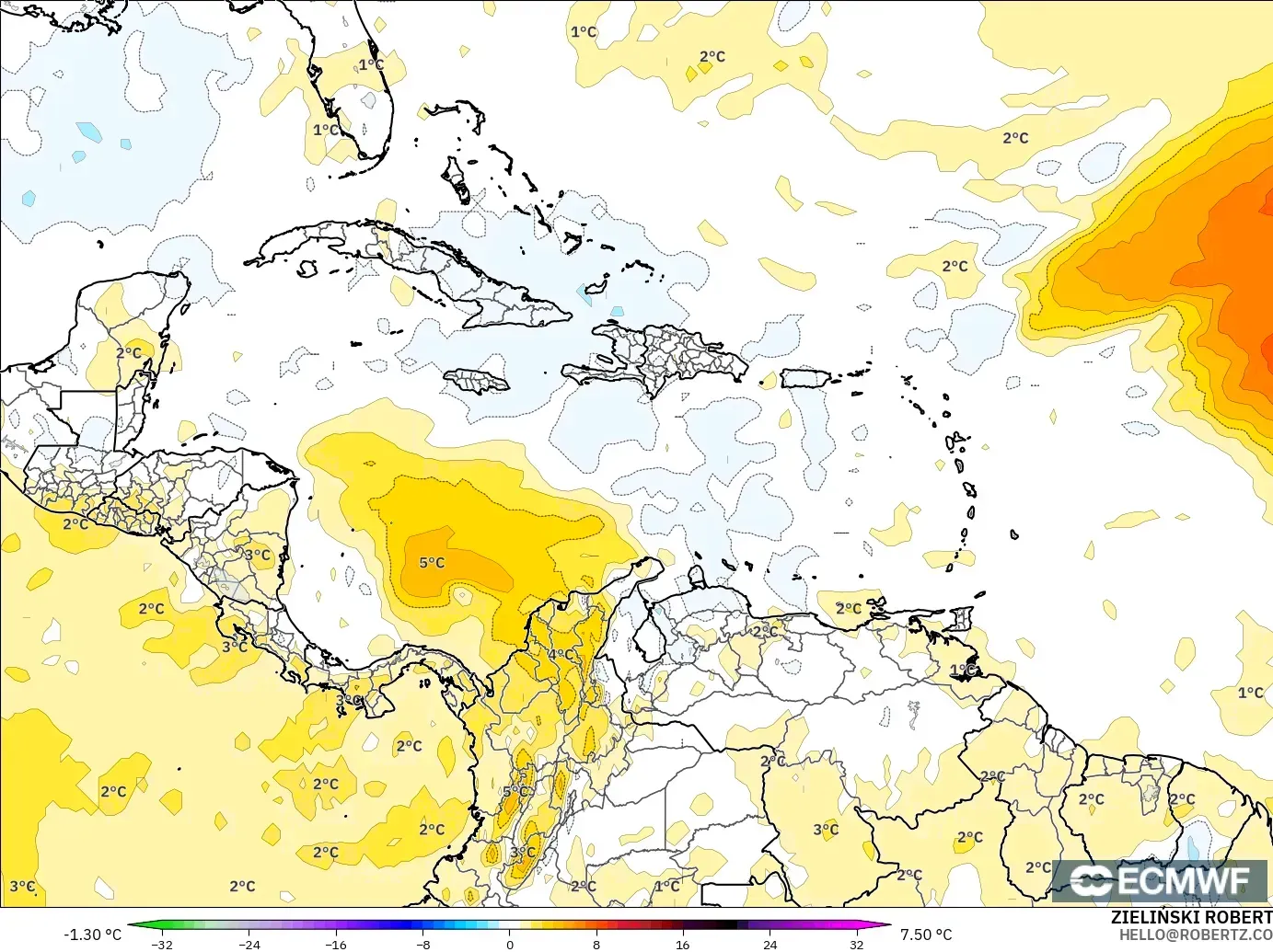 ECMWF IFS 0.25° modelo - Caribe, Anomalía de temperatura a 850 hPa