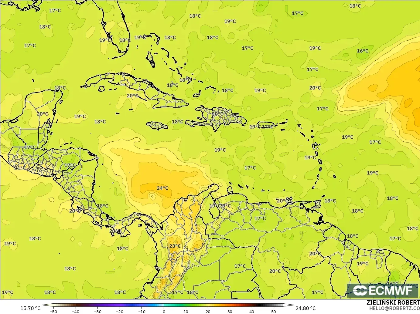 ECMWF IFS 0.25° modelo - Caribe, Temperatura a 850 hPa
