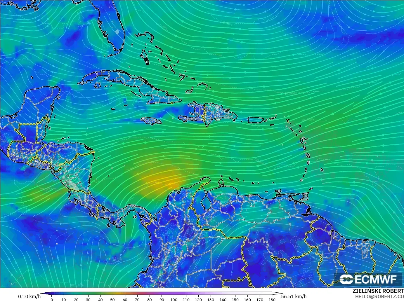 ECMWF IFS 0.25° modelo - Caribe, Viento a 10 m
