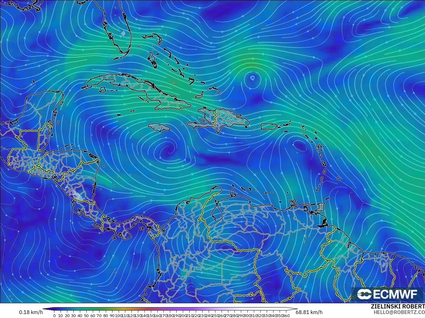 ECMWF IFS 0.25° modelo - Caribe, Viento a 300 hPa (corriente en chorro)