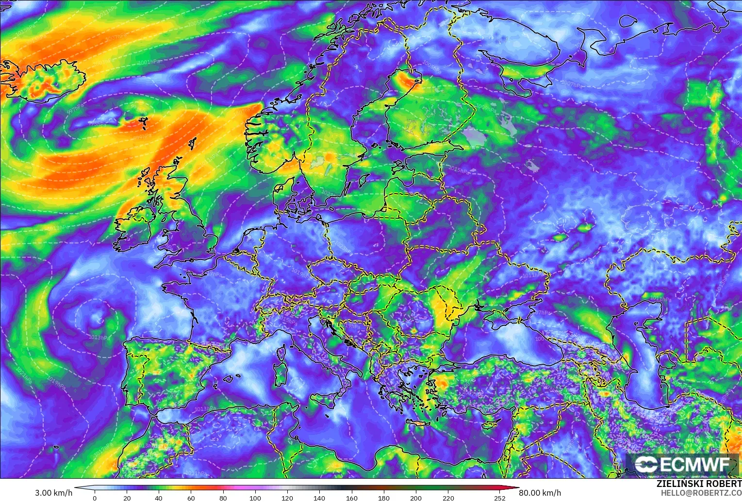ECMWF IFS 0.25° modelo - Europa, Ráfagas de viento
